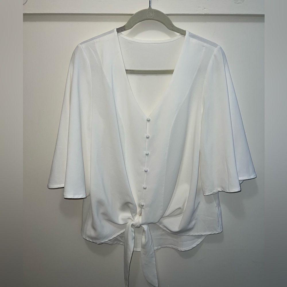 White Flowy Front Tie Button Down Shirt